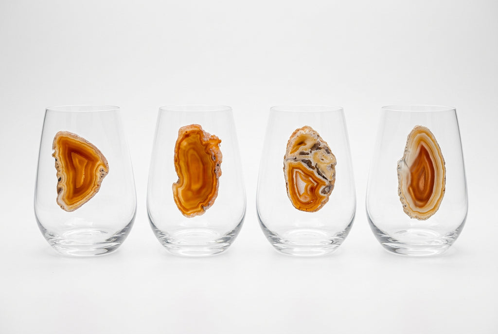 Orange Agate Sliced Geode on Crystal Wineglass. Set of 4